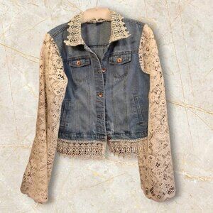 Upcycled women's boho denim lace jacket size Medium peasant romantic hippie